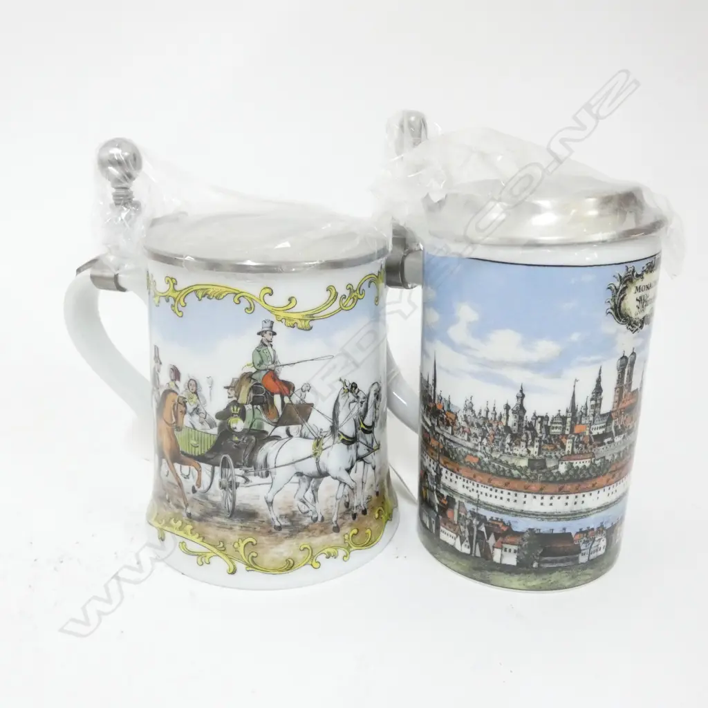 TWO KAISER PORCELAIN & PEWTER LIDDED TANKARDS H. 175MM - IN ORIGINAL BOXES.... Image 1++