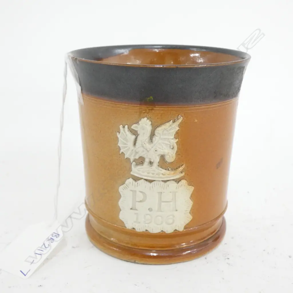 ENGLISH c.1906 STONEWARE COMMEMORATIVE MUG MONOGRAMED P.H. H.95mm Image 1++