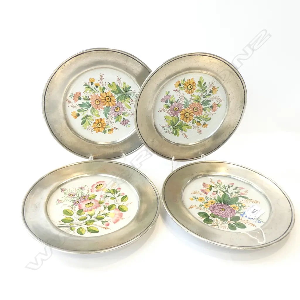 4 BASSANO HAND PAINTED WALL PLATES WITH PEWTER FRAMES DIA 230MM Image 1++
