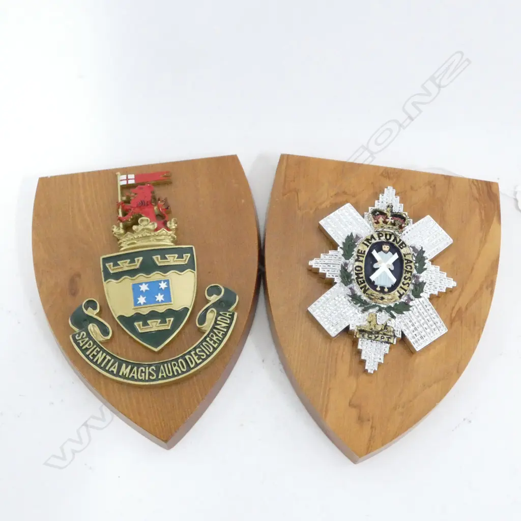 2 WOODEN PLAQUES w. CRESTS  - MOTTO OF SCOTLAND & UNIVERSITY OF WELLINGTON 175 X 135mm Image 1++
