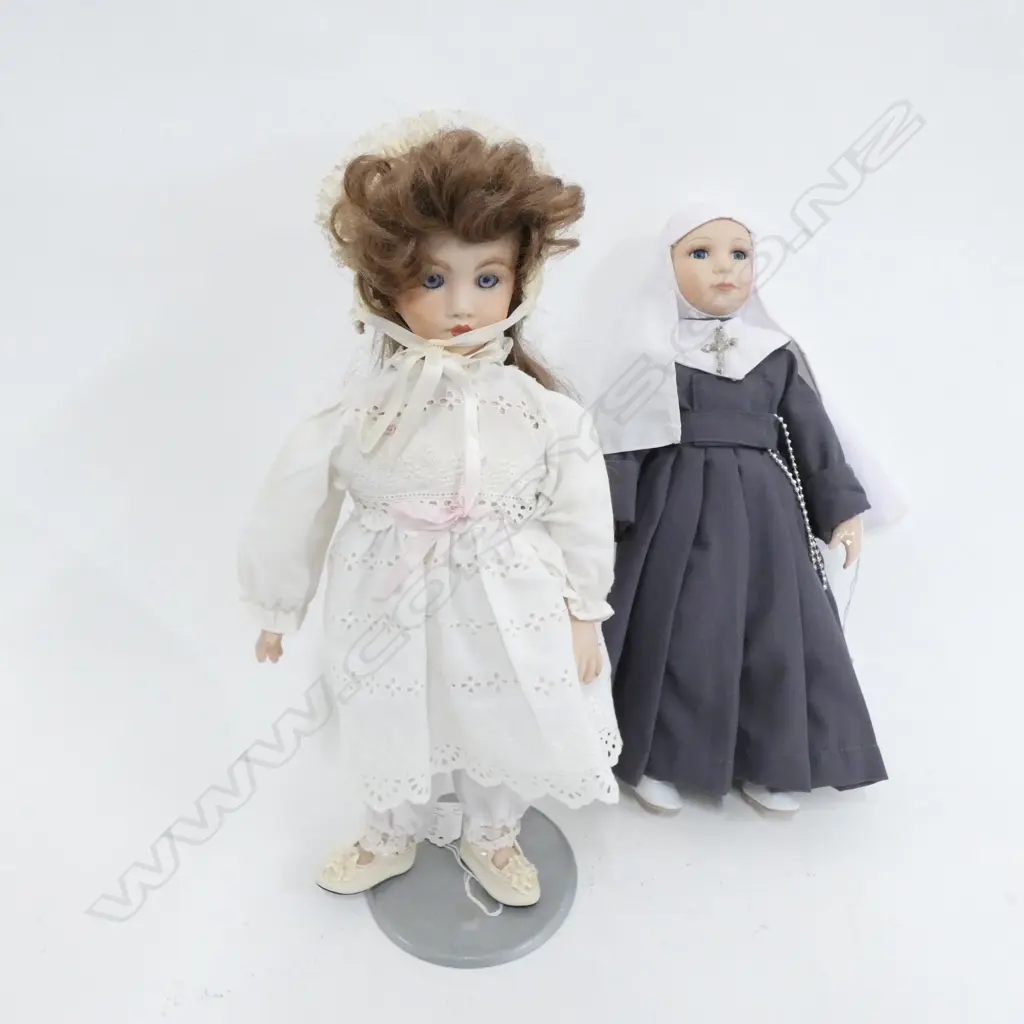 BISQUE PORCELAIN HEADED NUN DOLL + ONE OTHER H 410 MM Image 1++