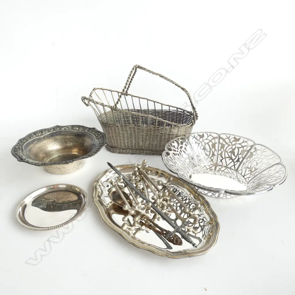 BOX SILVER PLATE; WINE BASKET/ WMF DISH & LETTER OPENER + KNIFE RESTS ETC. Image 1++