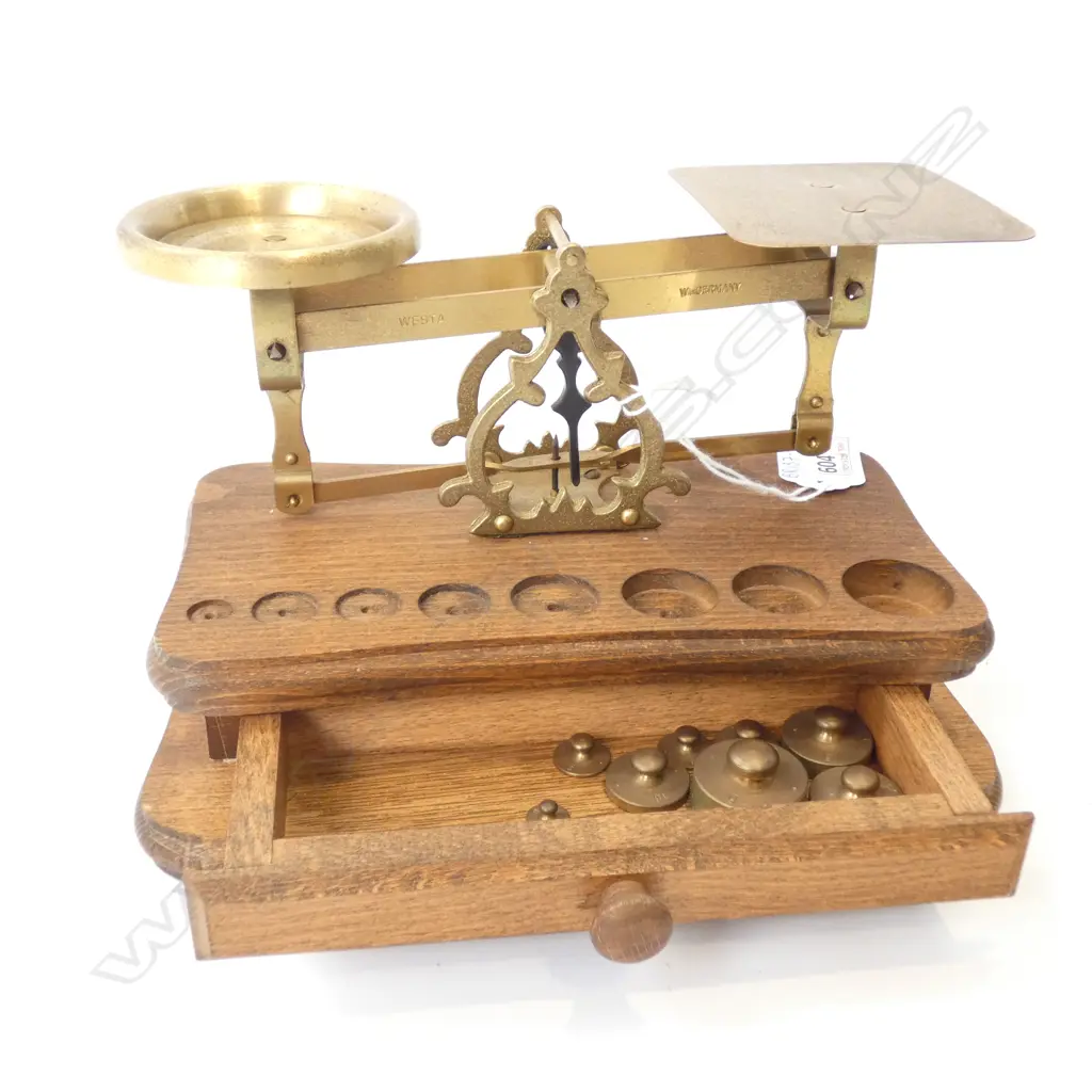 WEST GERMAN WESTA WOODEN & BRASS SCALES - FULL SET OF 8 WEIGHTS (TO 50G) Image 1++