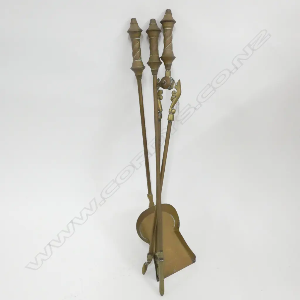 3 BRASS FIRE TOOLS; SPADE, POKER, TONGS L.635mm Image 1++