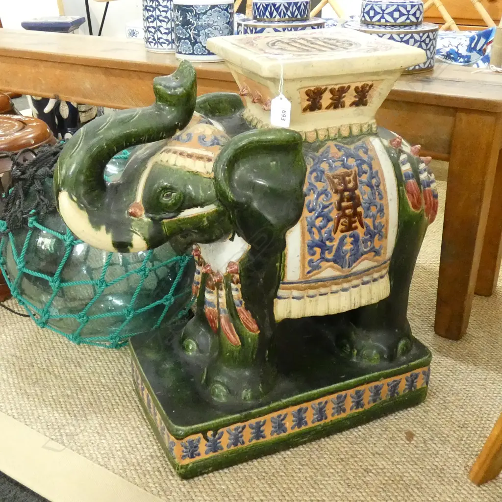 VINTAGE CERAMIC HAND PAINTED ELEPHANT STOOL H. 430mm Image 1++