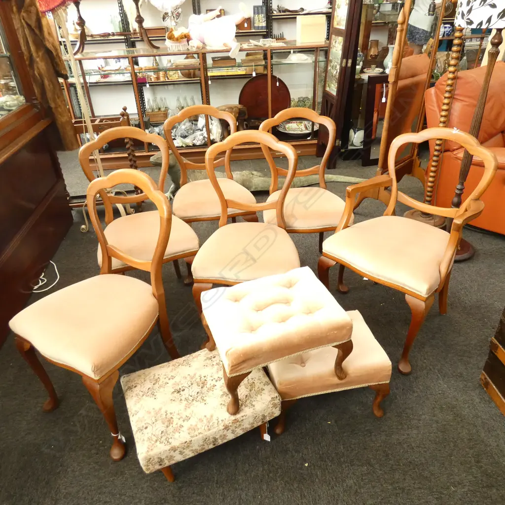 6 QUEEN ANNE STYLE BALLOON BACK CHAIRS + 3 VINTAGE STOOLS Image 1++