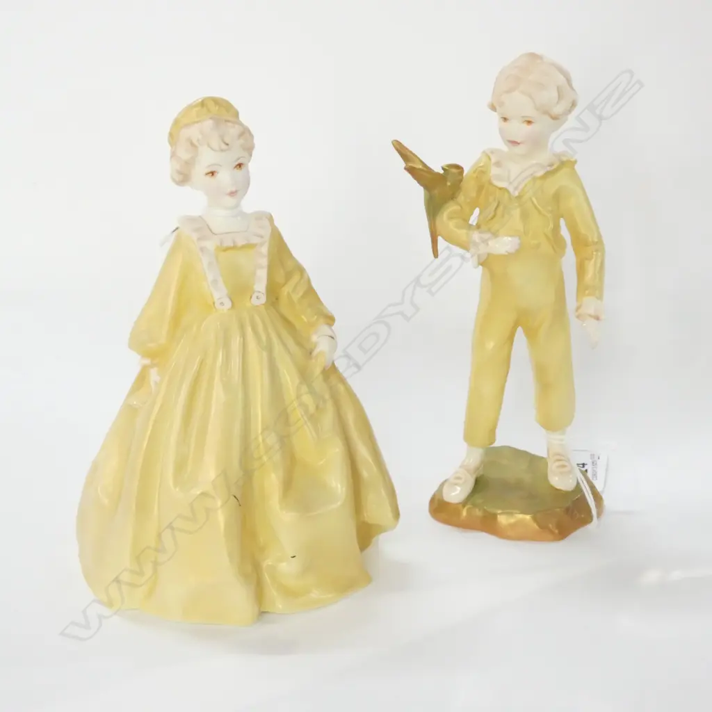 2 EARLY R/WORCESTER GOLD FIGURINES; 'GRANDMOTHERS DRESS' & 'THE PARAKEET' H.170mm Image 1++