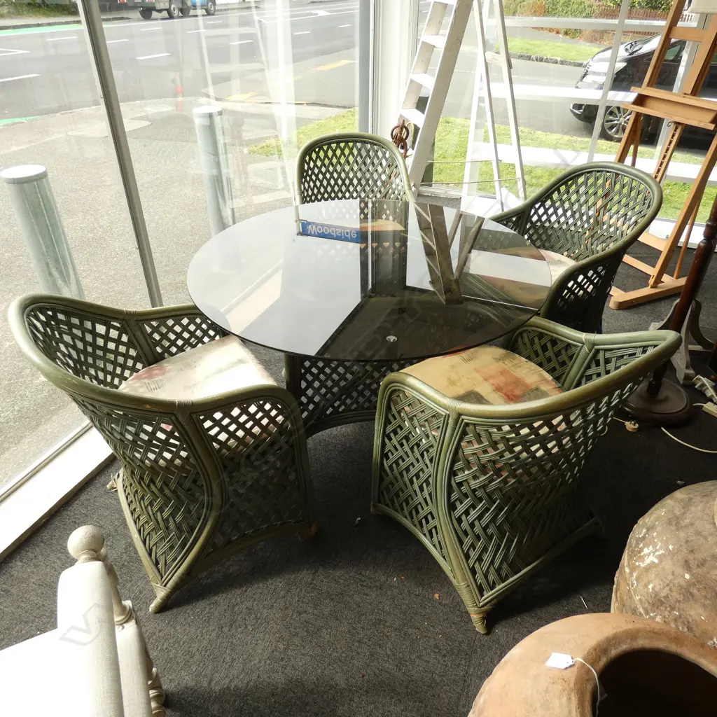 GREEN PAINTED CANE PATIO TABLE & 4 CHAIRS... Image 1++