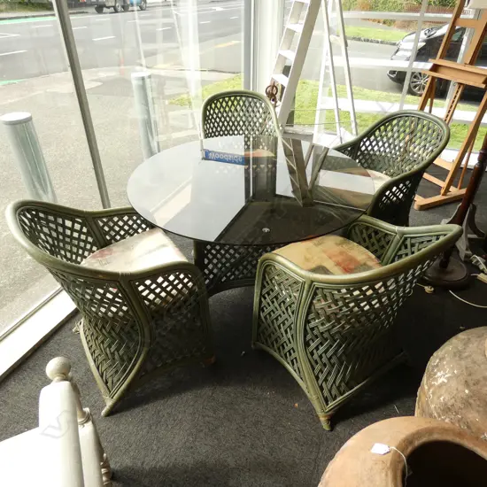 GREEN PAINTED CANE PATIO TABLE & 4 CHAIRS...