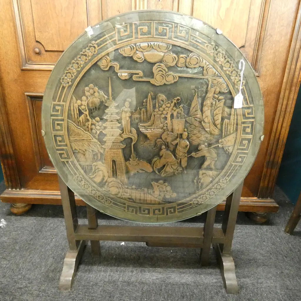 CARVED WOODEN CHINESE CIRCULAR TABLE 620mm dia Image 1++