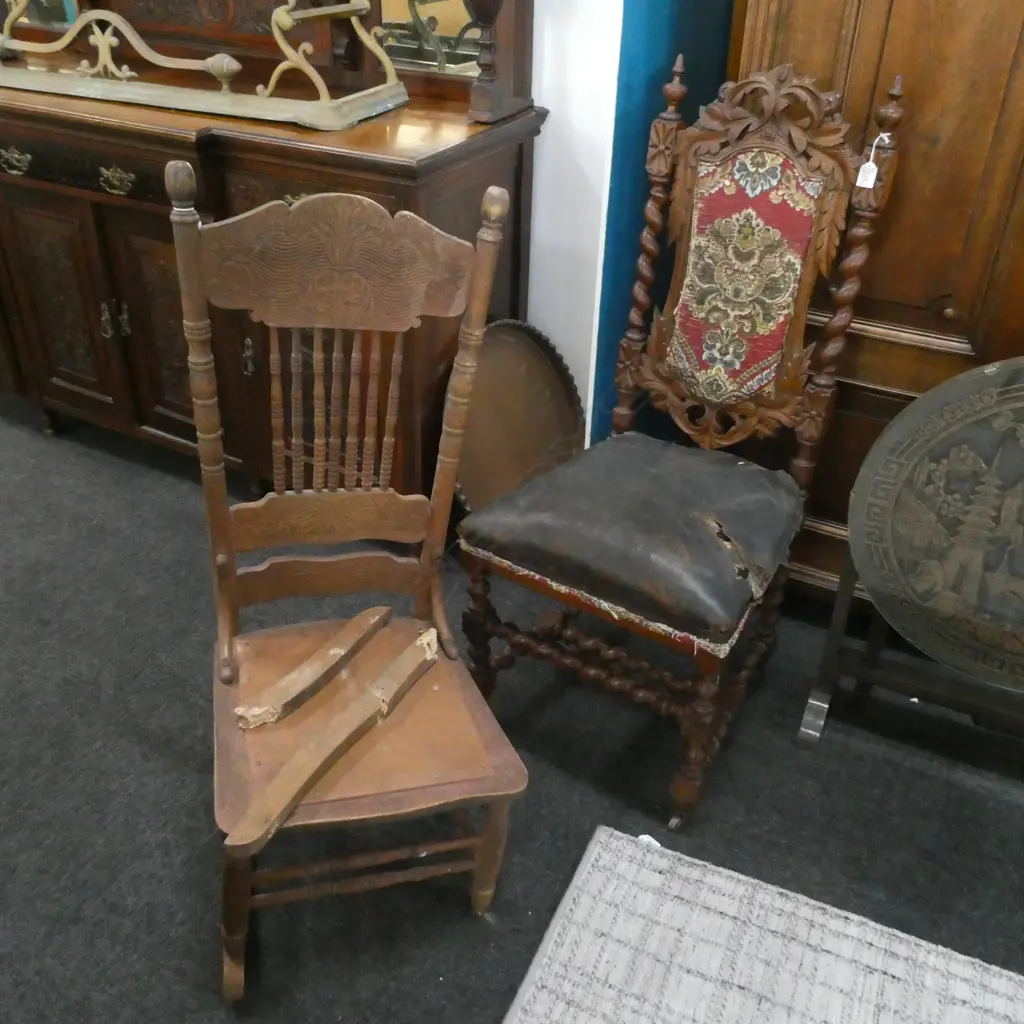 OAK JACOBEAN STYLE CHAIR LEATHER SEAT AF H.1140mm + SPINDLE BACK ROCKING CHAIR BORER AF Image 1++