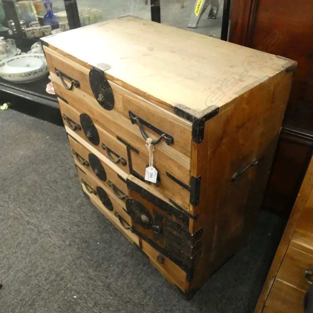 JAPANESE WOODEN TANSU CHEST - BLACK METAL BRACKETS. 8 DRAWER - 1 LOCKED CUPBOARD WITH 2 HIDDEN DRAWERS  Image 1++