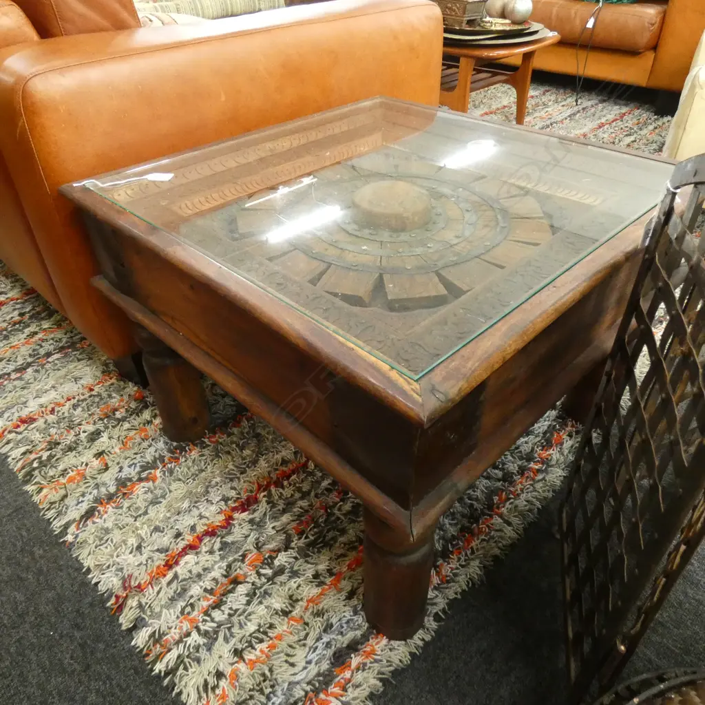 CARVED WOODEN INDONESIAN COFFEE TABLE 660mm sq H.475mm Image 1++