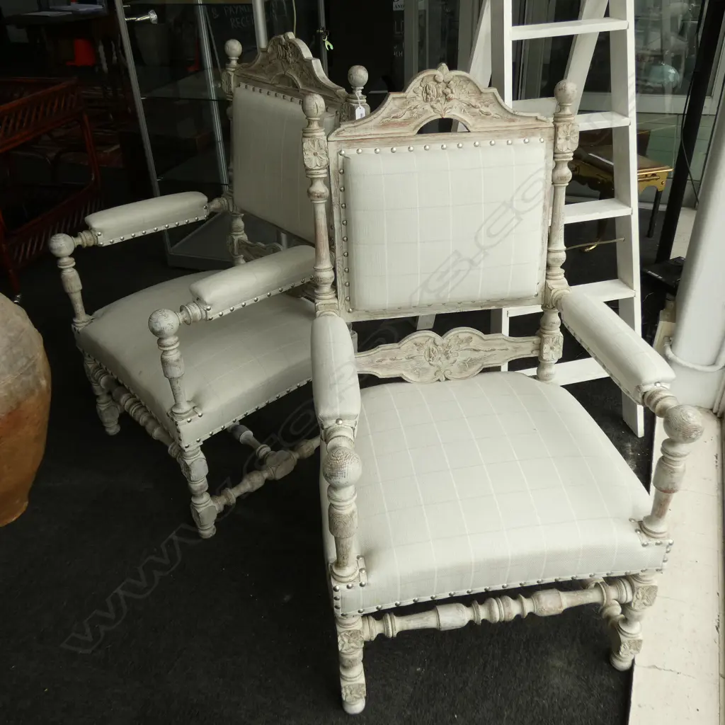 PR WHITE WASHED UPHOLSTERED SPANISH STYLE CHAIRS Image 1++