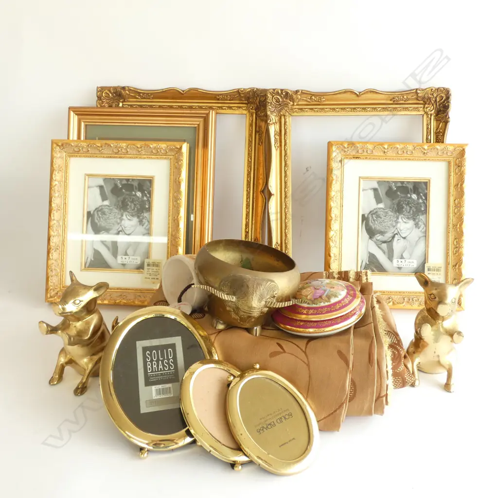 BOX LOT FRAMES, GOLD FABRIC ETC Image 1++