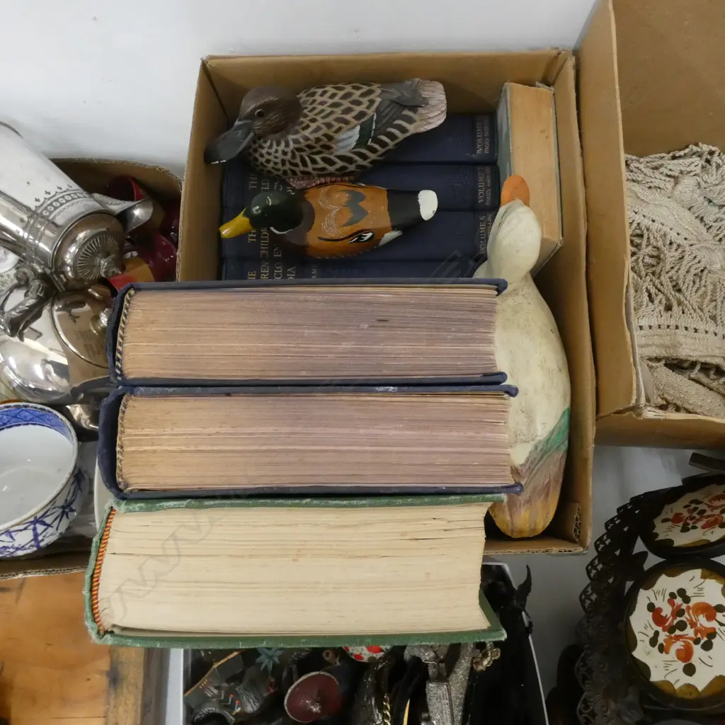 BOX LOT BOOKS; CHILDRENS ENCYCLOPEDIAS + 3 WOODEN DUCKS ETC Image 1++