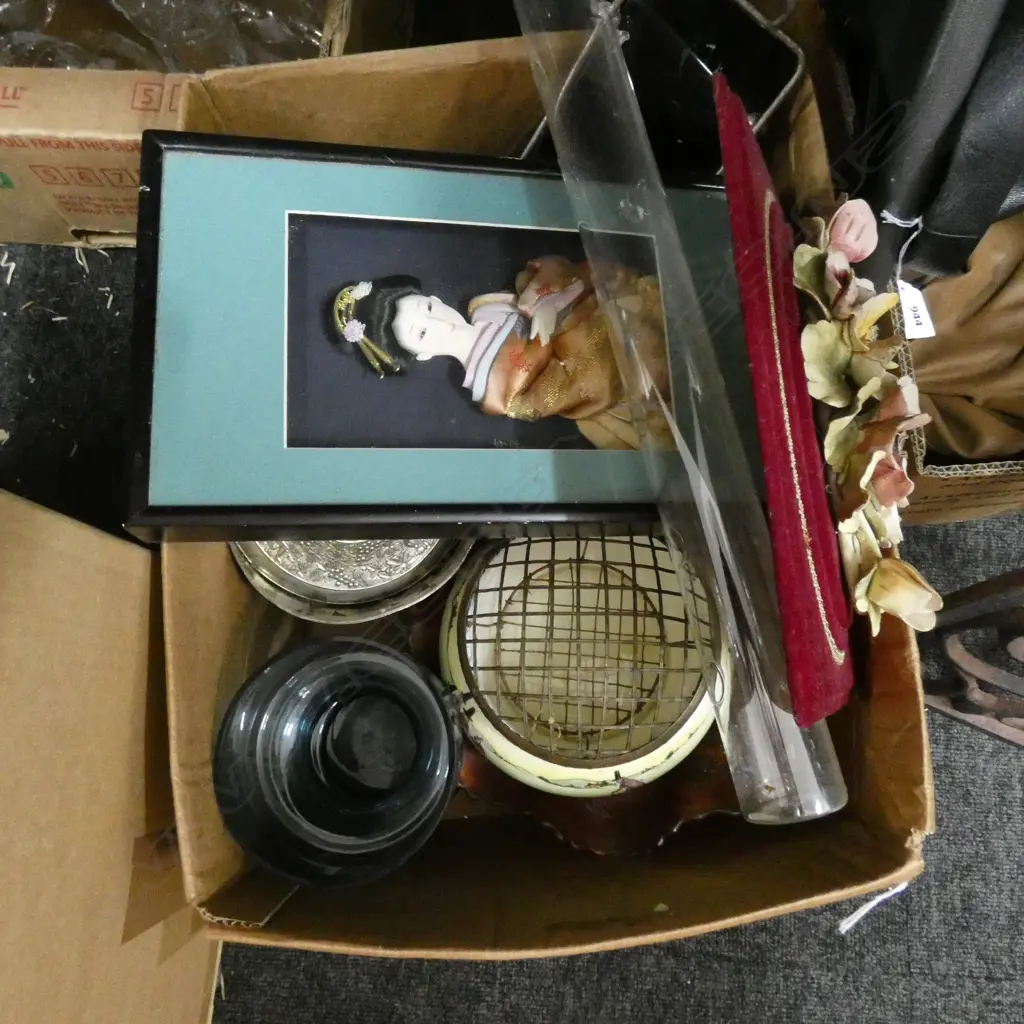 BOX LOT FRAMED DOLL, CARNIVAL GLASS ETC Image 1++