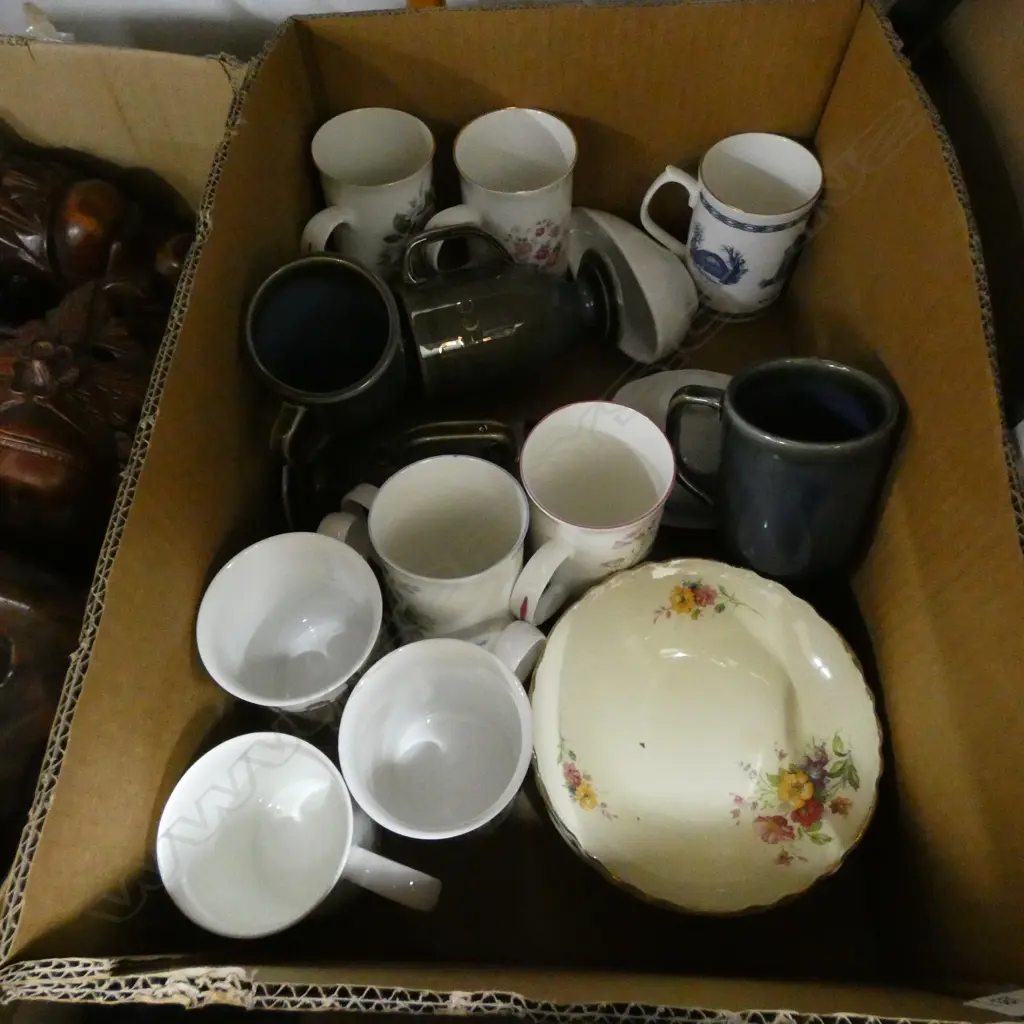 BOX LOT ASST. BONE CHINA MUGS ETC Image 1++