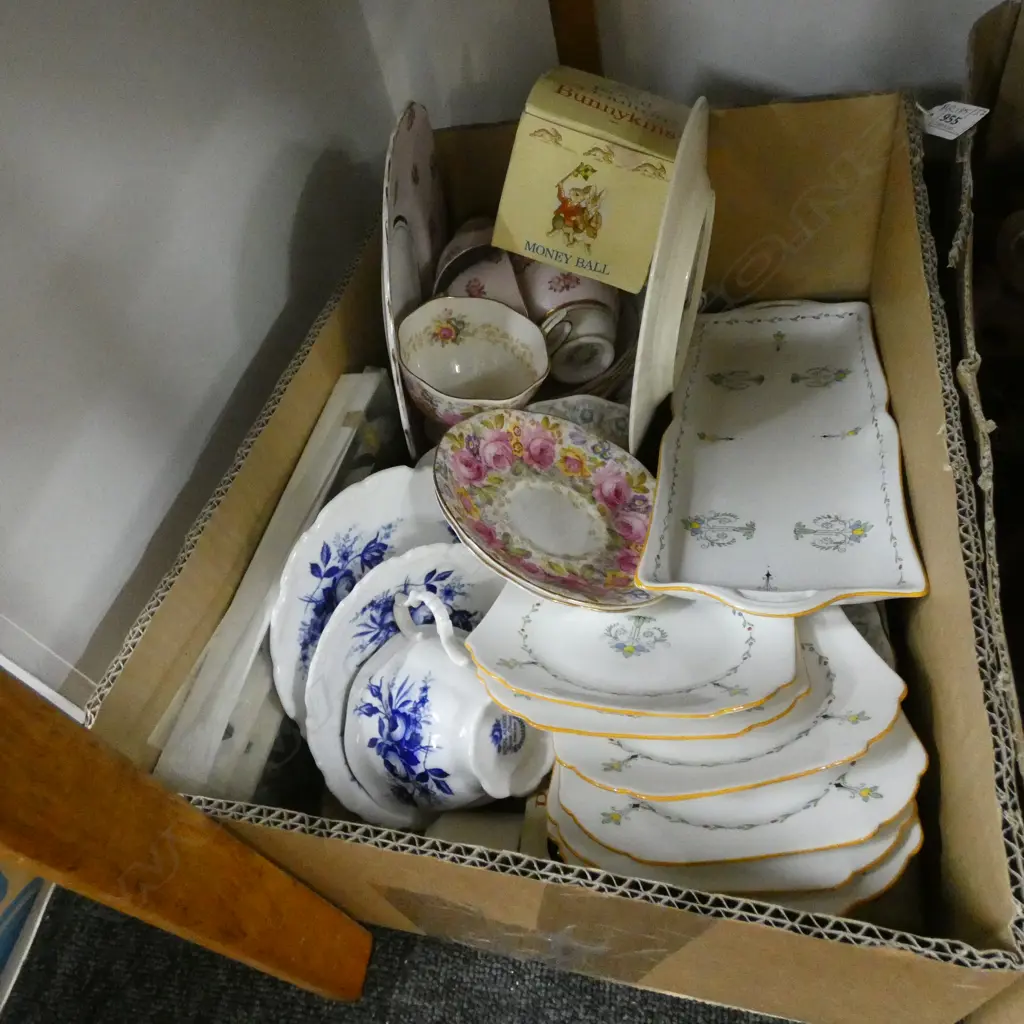 BOX LOT GOOD CHINA; 3 R/ALBERT TRIOS, SHELLEY, BUNNYKINS, COLCOLGH TEA SET, SET 6 CASED 'BONE' HANDLES Image 1++