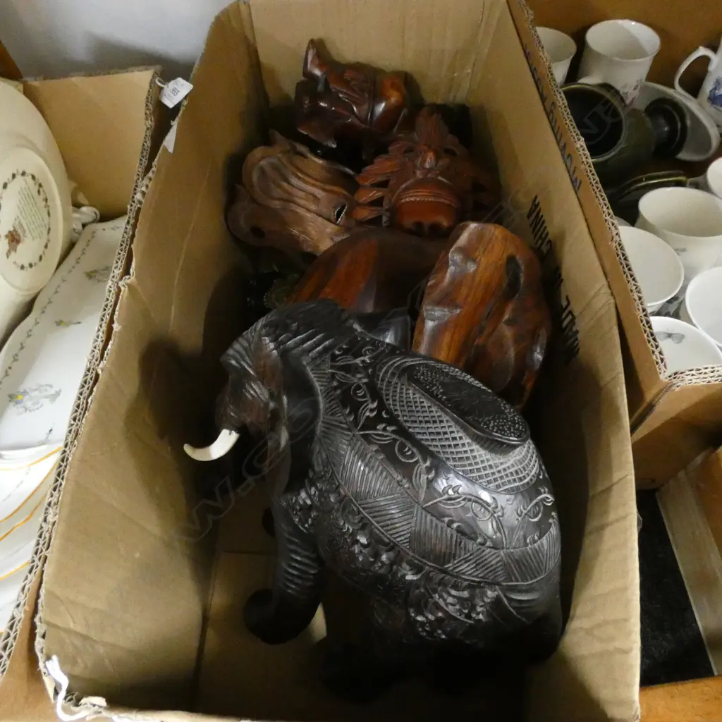 BOX LOT ASST. CARVED WOODEN ELEPHANTS ETC Image 1++