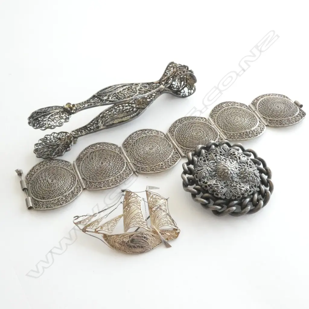 SILVER FILIGREE BRACELET / SHIP BROOCH & TONGS + OLD BUTTON NOT SIL. Image 1++