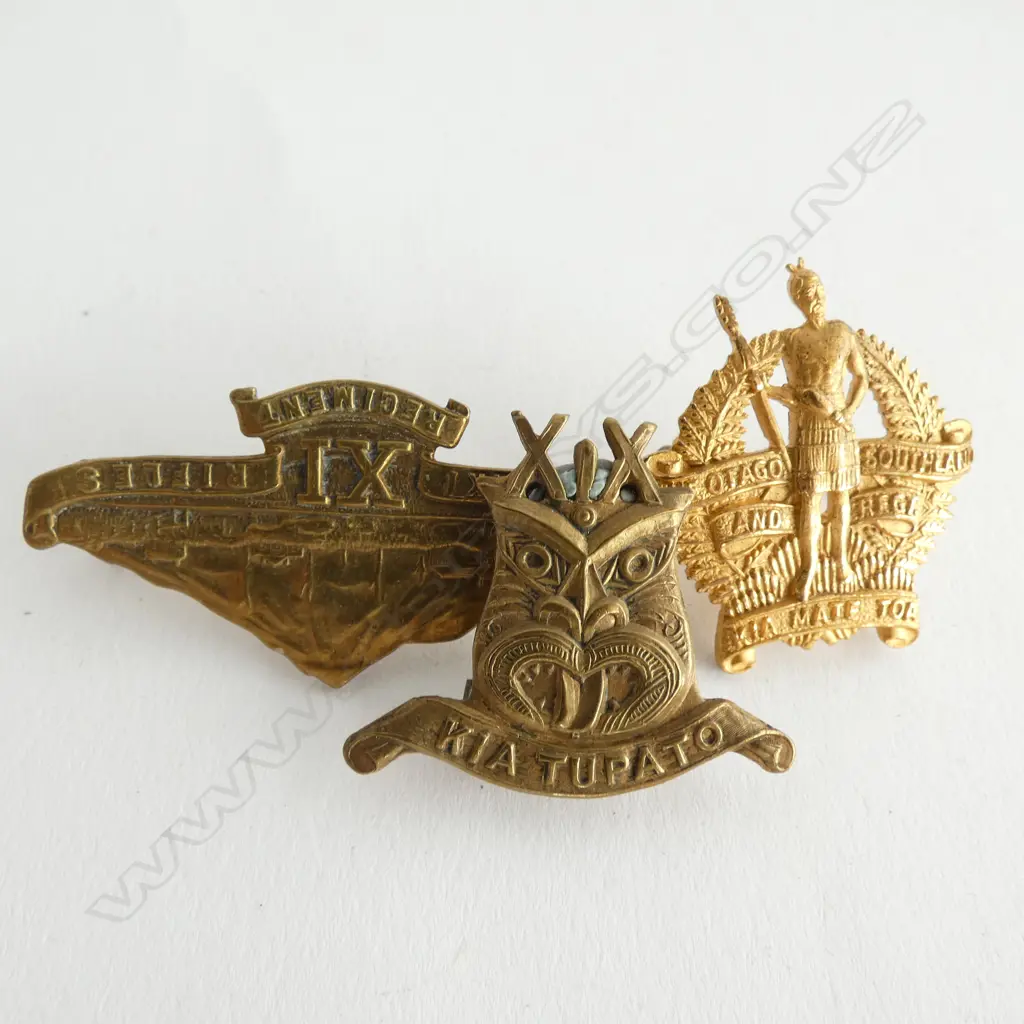 3 NZ WWI BADGES; 19th 'KIA TUPATO', TARANAKI RIFLES & OTAGO / SOUTHLAND Image 1++