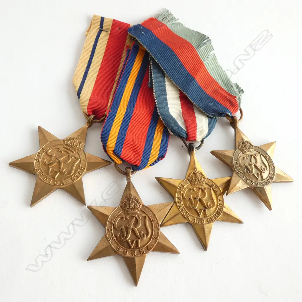 4 WWII MILITARY CAMPAIGN STAR MEDALS; BURMA, FRANCE & GERMANY, AFRICA, 1939-1945 Image 1++
