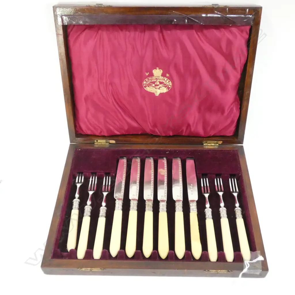 WOODEN BOX  12 STERLING SILVER COLLARED KNIVES & FORKS- CELLULOID HANDLES (DAMAGE TO ONE HANDLE)  Image 1++