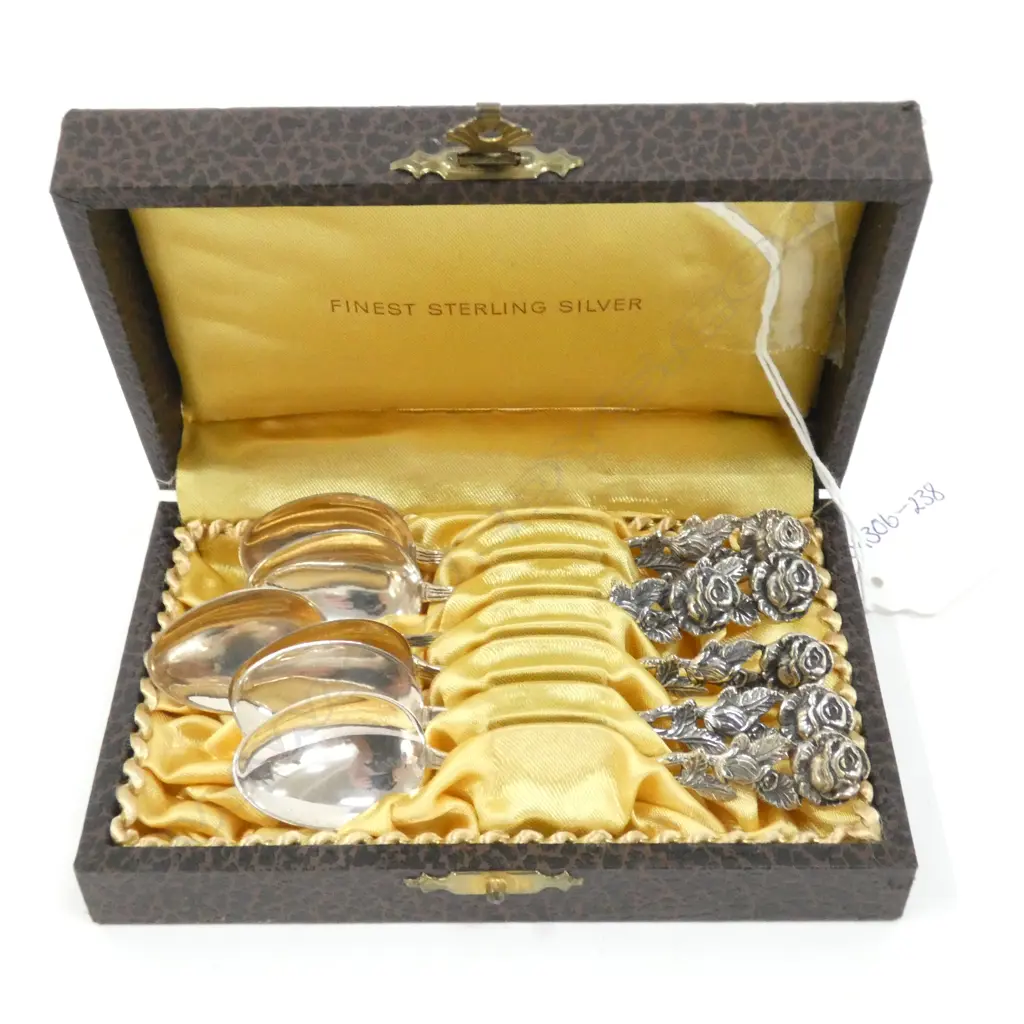 SET 6 BOXED STERLING SILVER COFFEE SPOONS - ROSE HANDLES  Image 1++