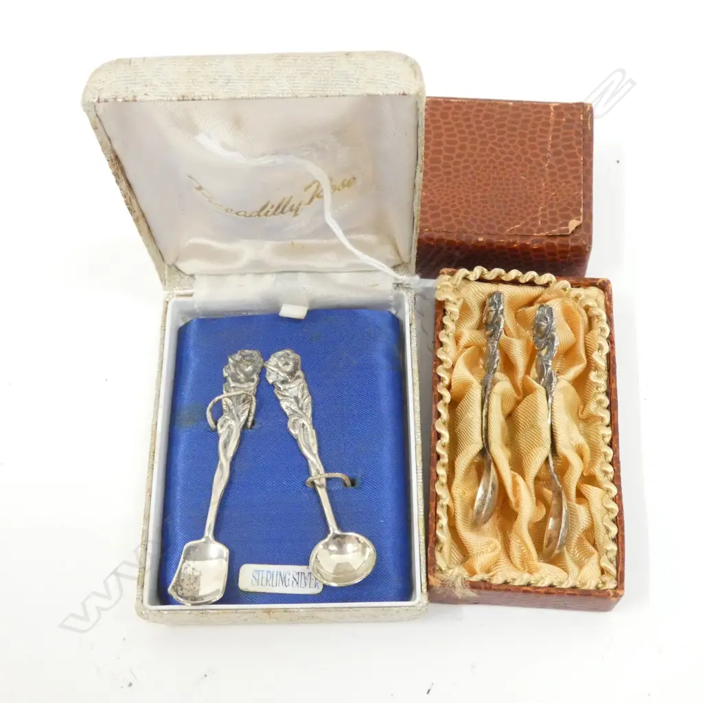 2 BOXED PAIRS STG SILVER MINIATURE SPOONS OR SALT SPOONS L. 65MM Image 1++