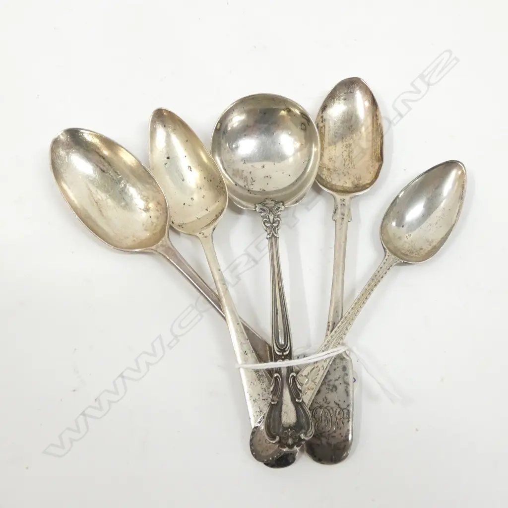 5 ASSORT. TEASPOONS  - ALL HALLMARKED - 98GM TOTAL WEIGHT Image 1++