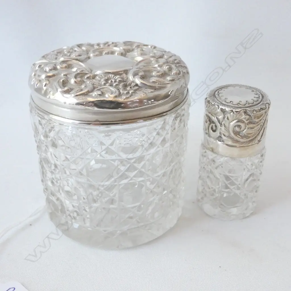 2 SILVER TOPPED DRESSING TABLE POTS Image 1++