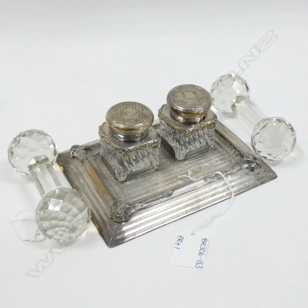 PR EPNS & GLASS INK BOTTLES ON STAND + 2 GLASS KNIFE RESTS Image 1++