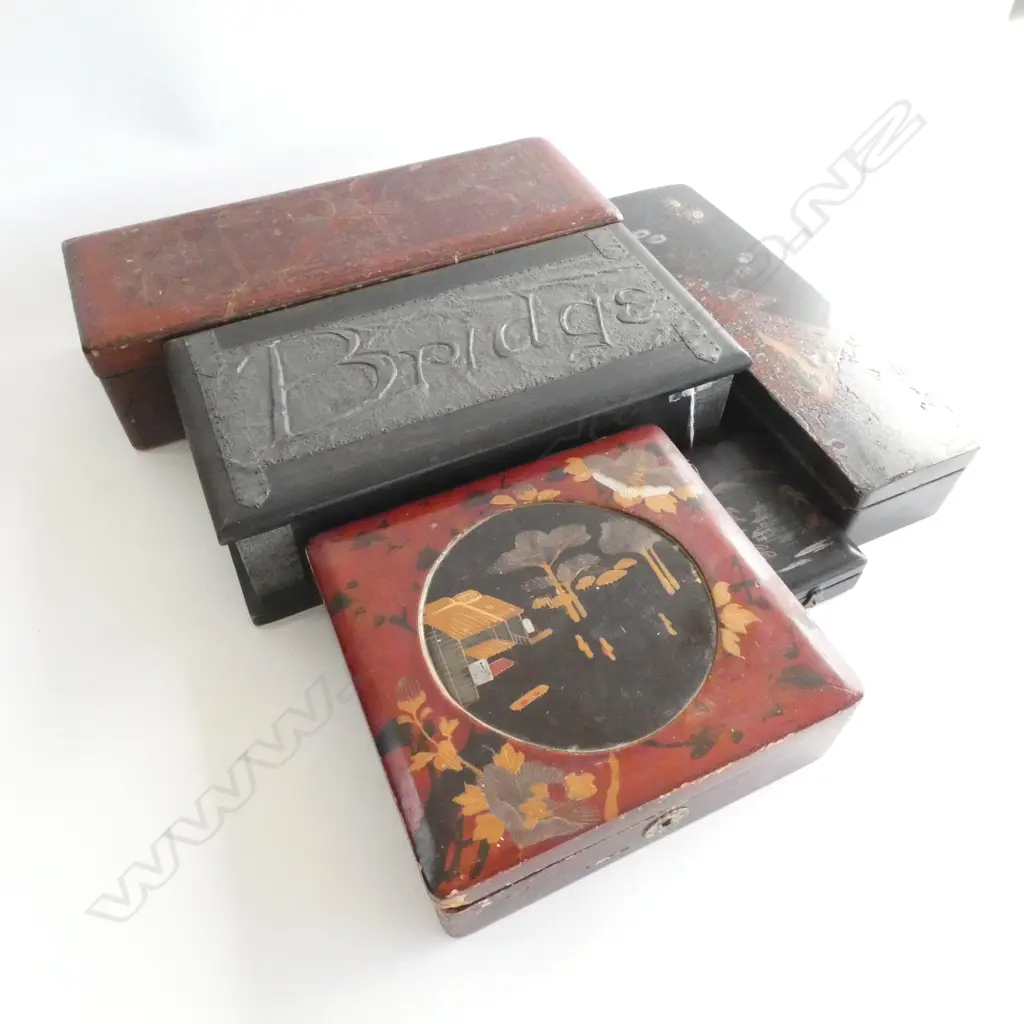 4 ORIENTAL ENAMEL BOXES + ONE WOODEN & PEWTER BRIDGE BOX  260 X 130MM Image 1++