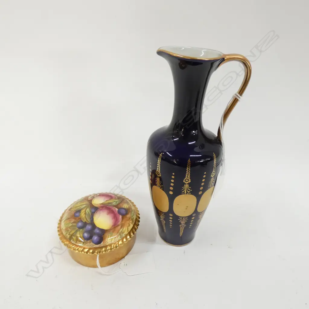AYNSLEY GOLD GILDED AUTUMN FRUITS LIDDED BOX (DIA 90MM) + ROYAL PORCELAIN COBALT & GOLD VASE (H. 210MM) Image 1++