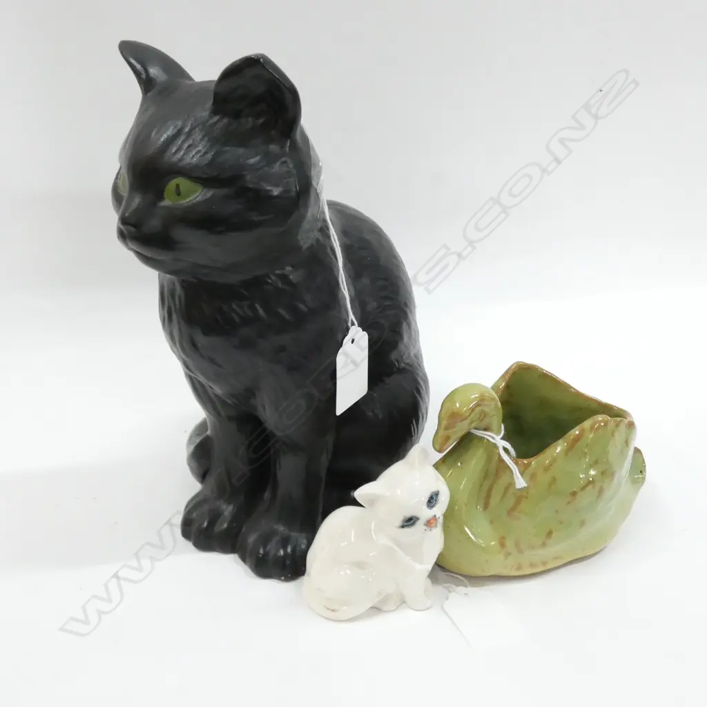 LG SYLVAC BLACK CAT H. 220MM SM BESWICK CAT H. 75MM & BURTON STONEWARE SWAN L 130MM Image 1++