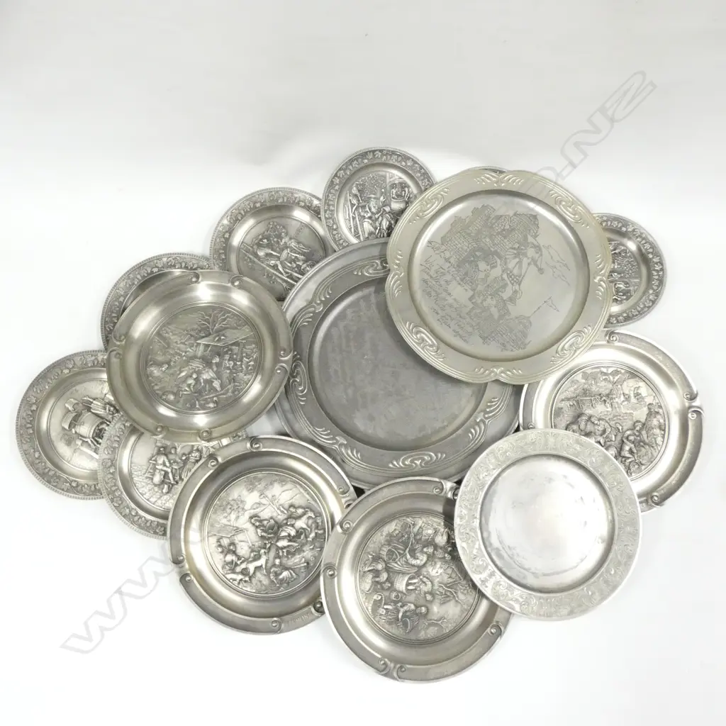 LG STACK DECORATIVE PEWTER PLATES (15) INCL ROSENTHAL - LARGEST DIA 325MM Image 1++