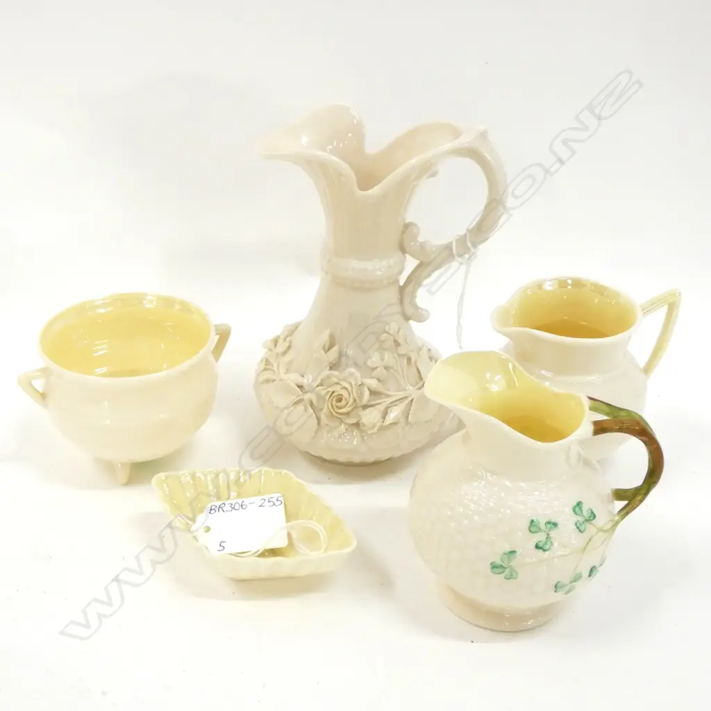 5 BELLEEK - SHAMROCK JUG / APPLIED FLOWERS JUG / JUG & SUGAR BOWL & SALT LARGEST H. 150MM Image 1++