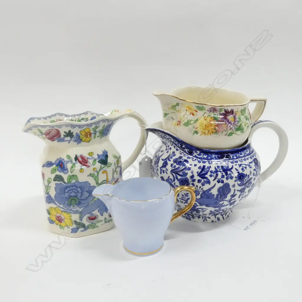 4 JUGS; MASONS REGENCY (H.140MM) BURLEIGH WARE BLUE & WHITE / SHELLEY & ROYAL DOULTON  Image 1++