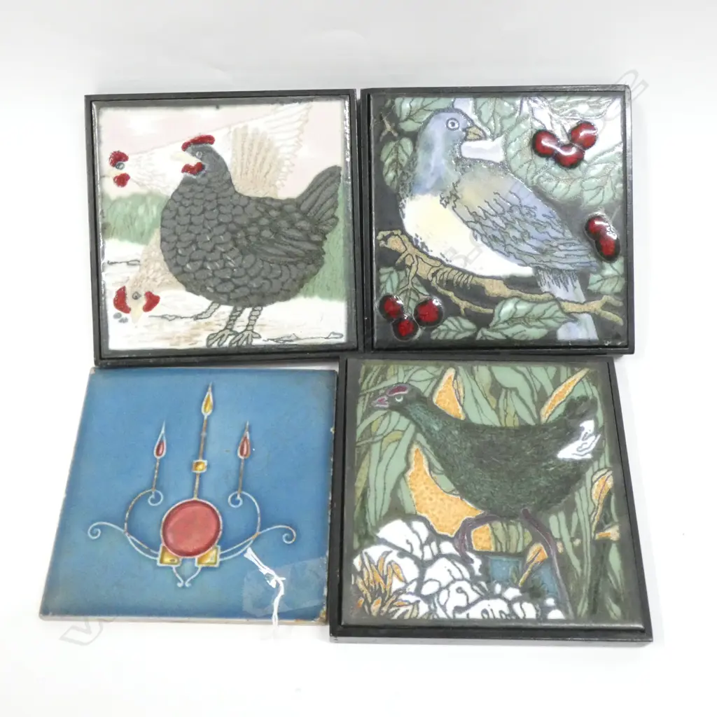 3 BLACK FRAMED BIRD TILES (DIA 165MM) & OLD ART NOUVEAU TILE  Image 1++