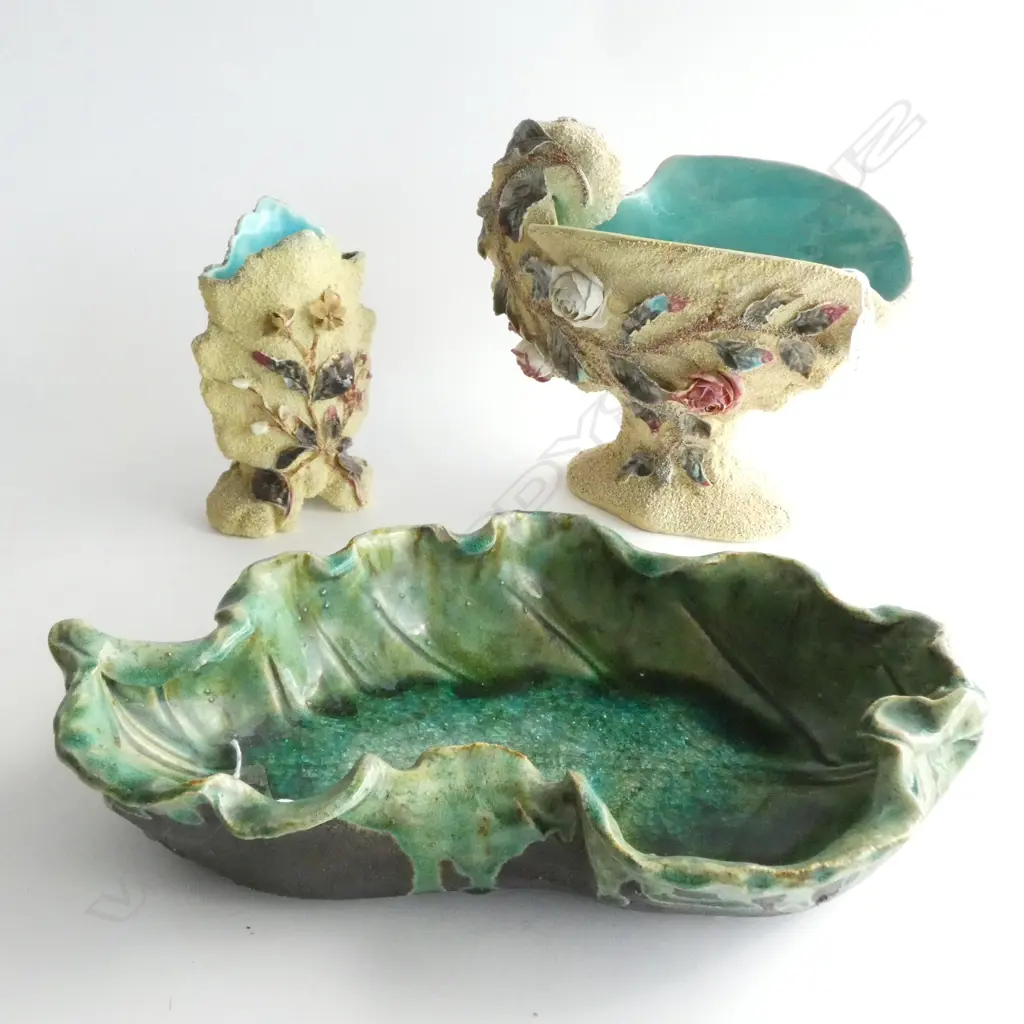 POTTERY LEAF BOWL (L 330) & 2 VASES WITH APPLIED FLOWERS & FOLIAGE  Image 1++