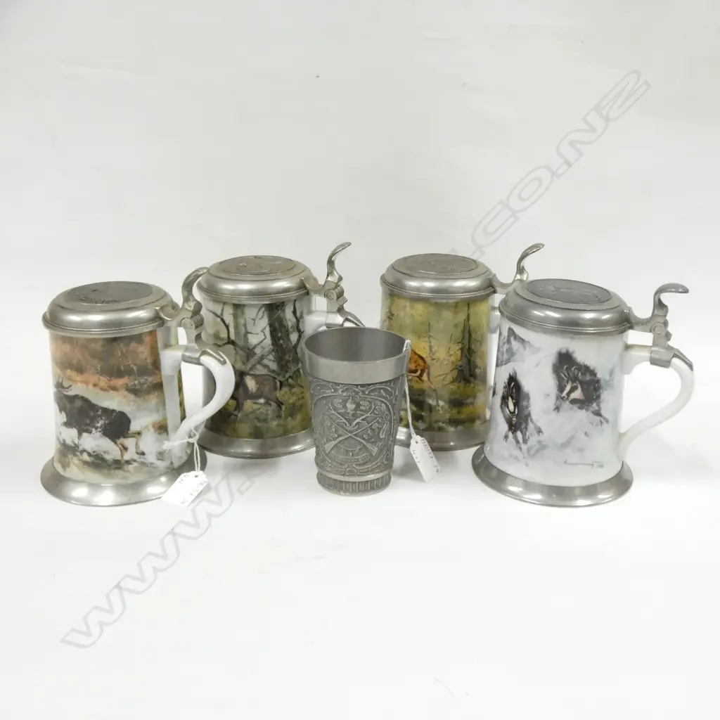 4  OLD PORCELAIN TANKARDS - 3 KAISER WITH PEWTER LIDS H. 170MM & 1 BEAKER Image 1++