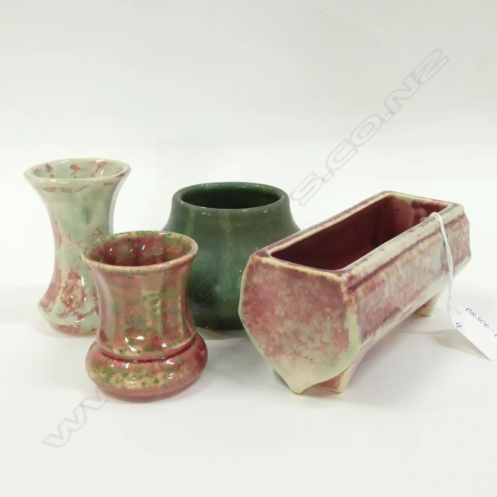 3 SM CROWN LYNN PINK & GREEN TRICKLE GLAZE VASES (LARGEST L 140MM) + 1 OTHER. Image 1++