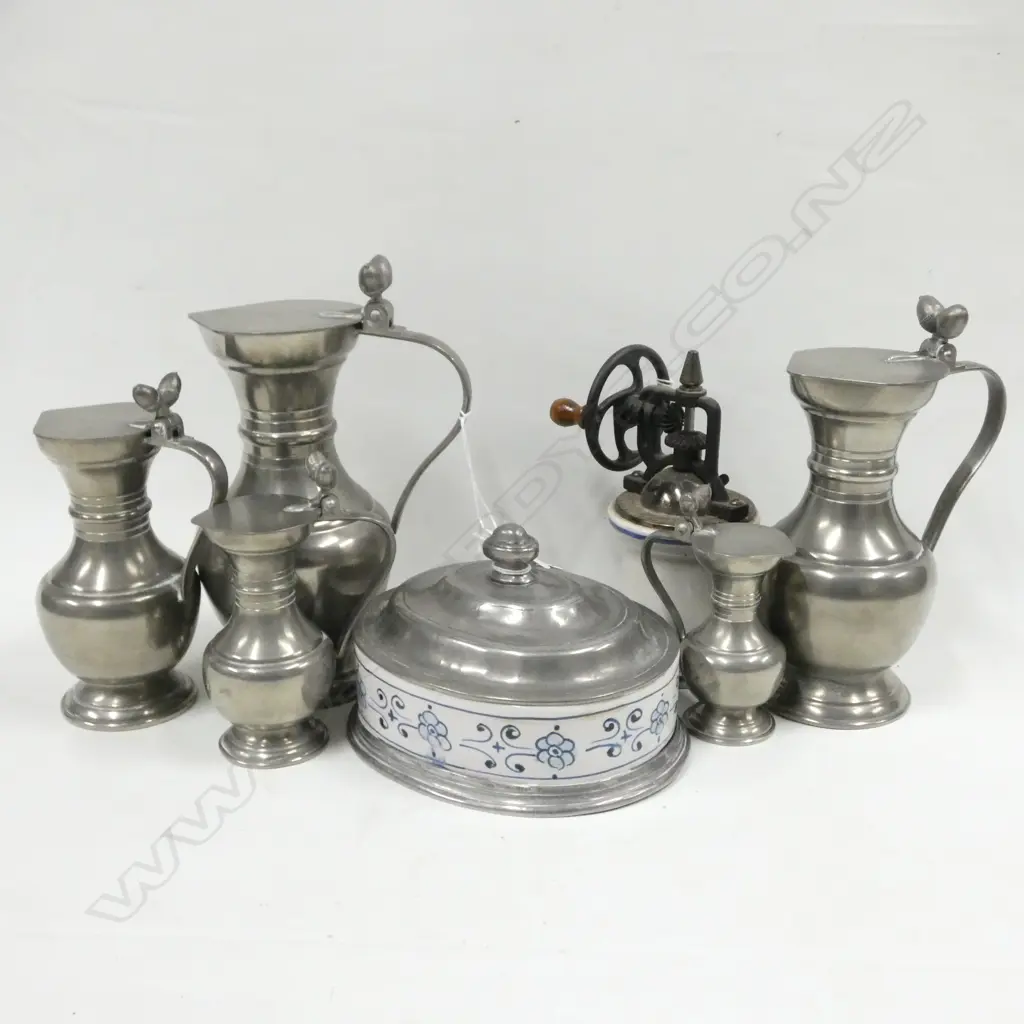 ASST. PEWTER; OLD DELFT OVAL LIDDED DISH / 5 GRADUATED ACORN LIDDED JUGS + OLD COFFEE GRINDER Image 1++