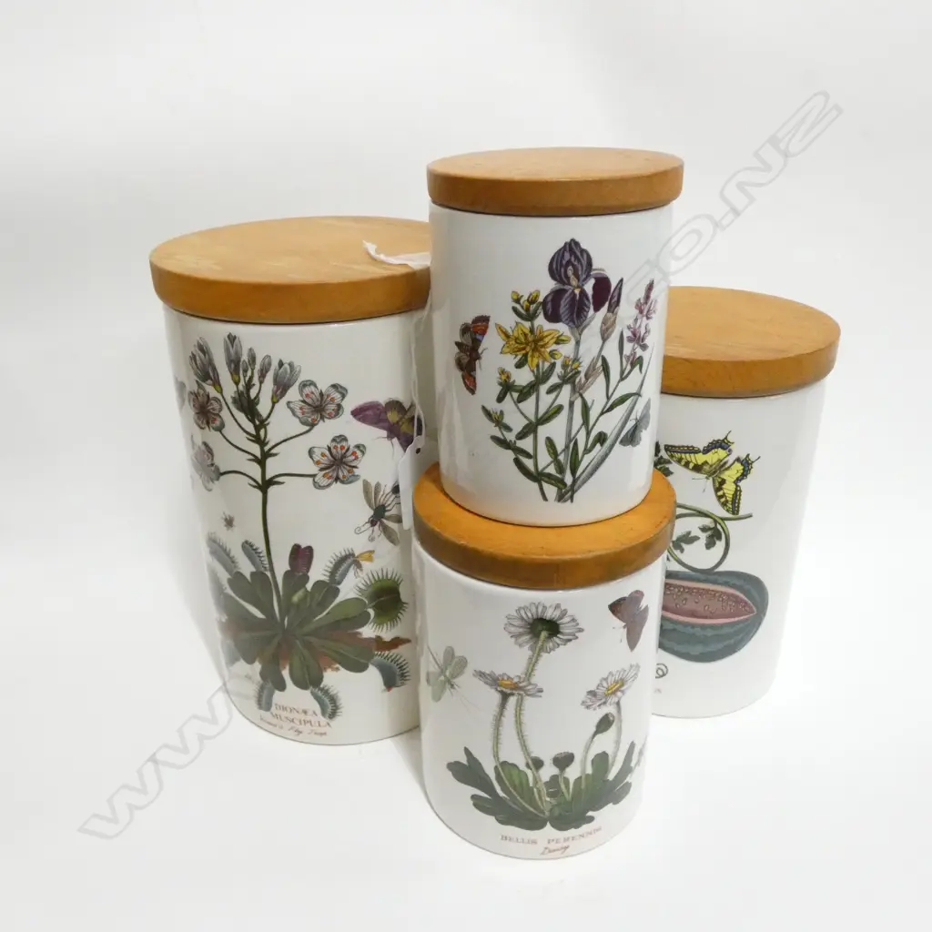 SET 5 PORTMEIRION BOTANIC GARDENS CANISTERS - WOODEN LIDS - LARGEST H. - 210 DIA 130MM SOME A/F Image 1++