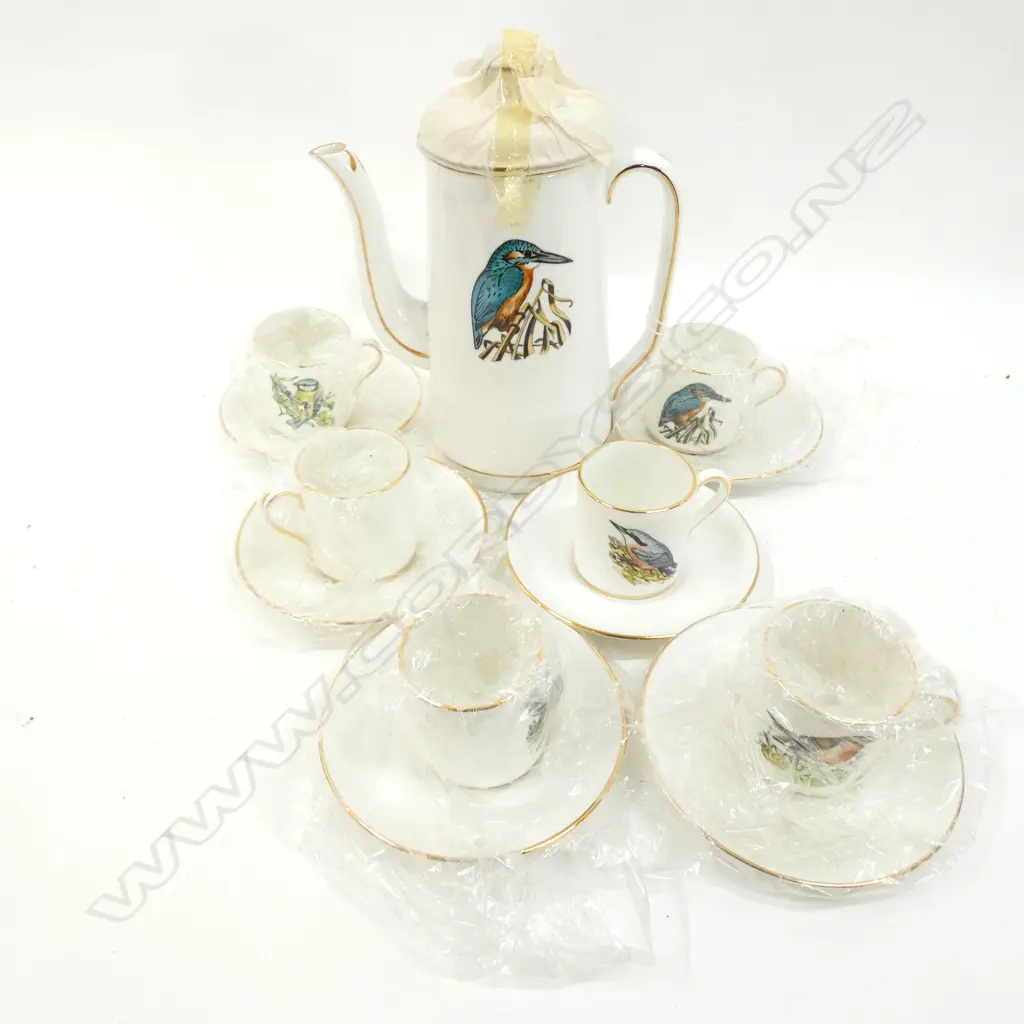HAMMERSLEY 13PC COFFEE SET; KINGFISHER COFFEE POT, 6 DEMITASSE CUPS & SAUCERS.... Image 1++