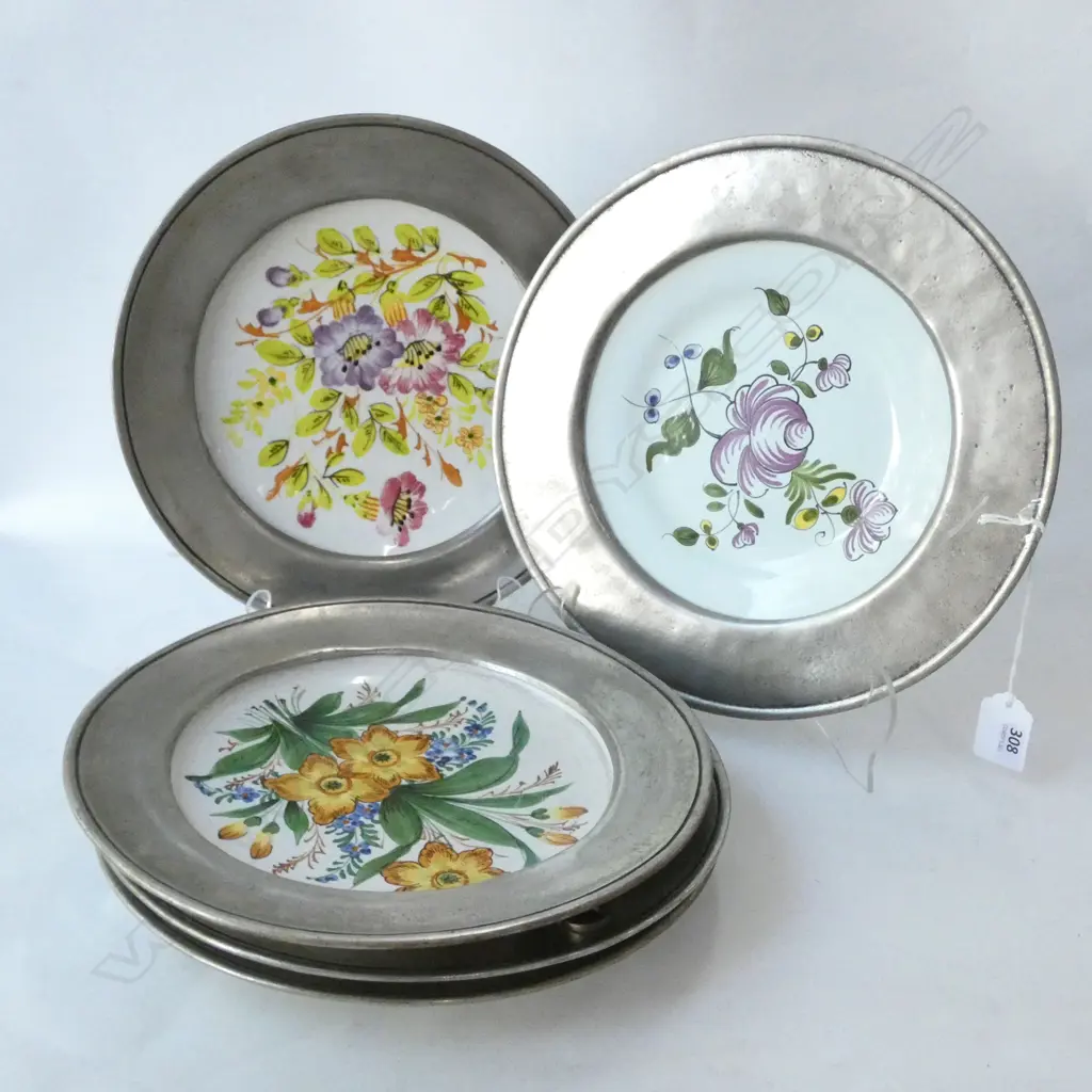 5 BASSANO HAND PAINTED WALL PLATES WITH PEWTER FRAMES DIA 260MM Image 1++