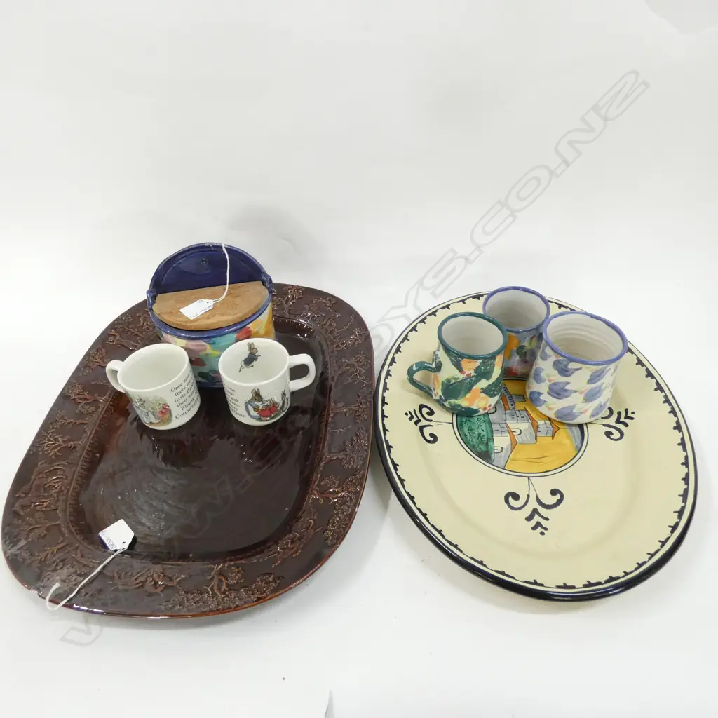2 LG PLATTERS (L 470MM) POTTERY MUGS & SALT KEEPER / PR NURSERY WARE MUGS - SOME A/F  Image 1++
