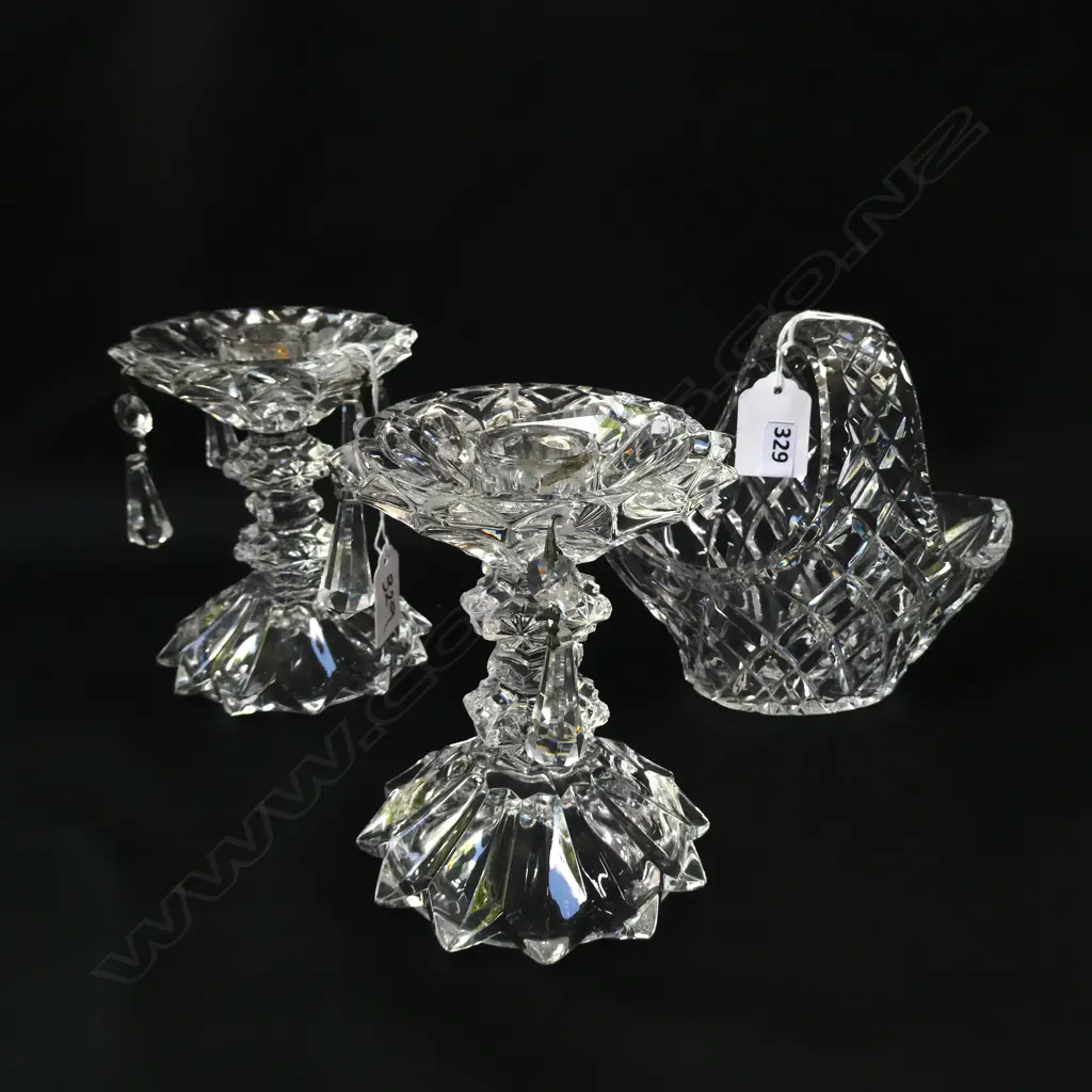 3 CRYSTAL PCS; 2 CANDLEHOLDERS WITH LUSTRES  H 130MM & BASKET  (H, 140MM Image 1++