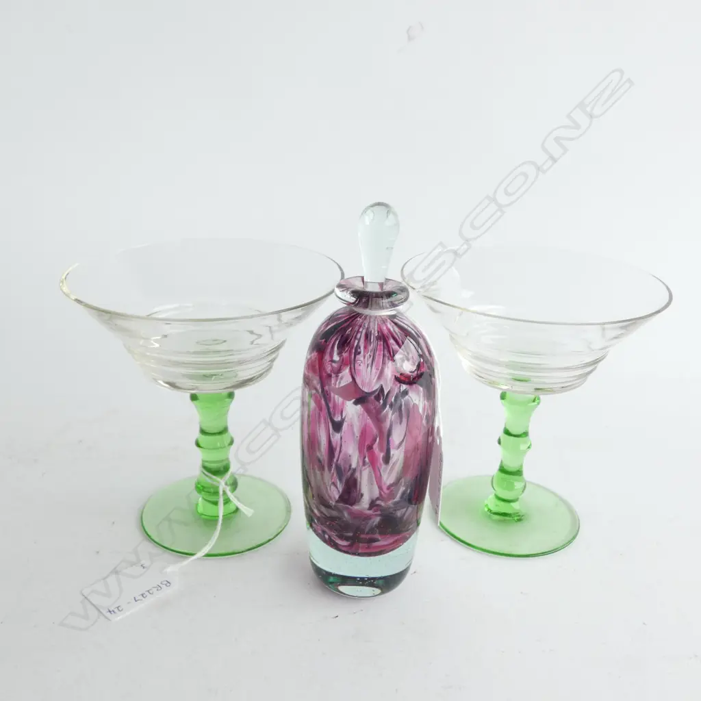 MODERN PERFUME BOTTLE AND TWO GLASS DESSERT DISHES Image 1++
